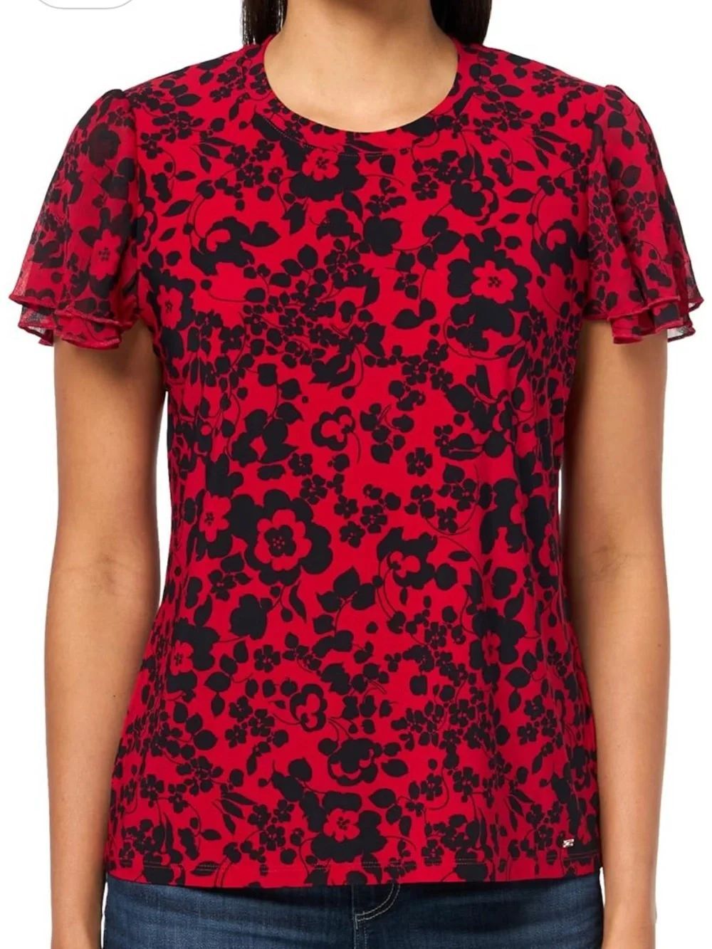 Tommy Hilfiger Red and Black Floral Flutter-Sleeve Blouse